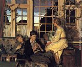 A Mother and Children by a Window at Dusk by Viggo Christian Frederick Pedersen